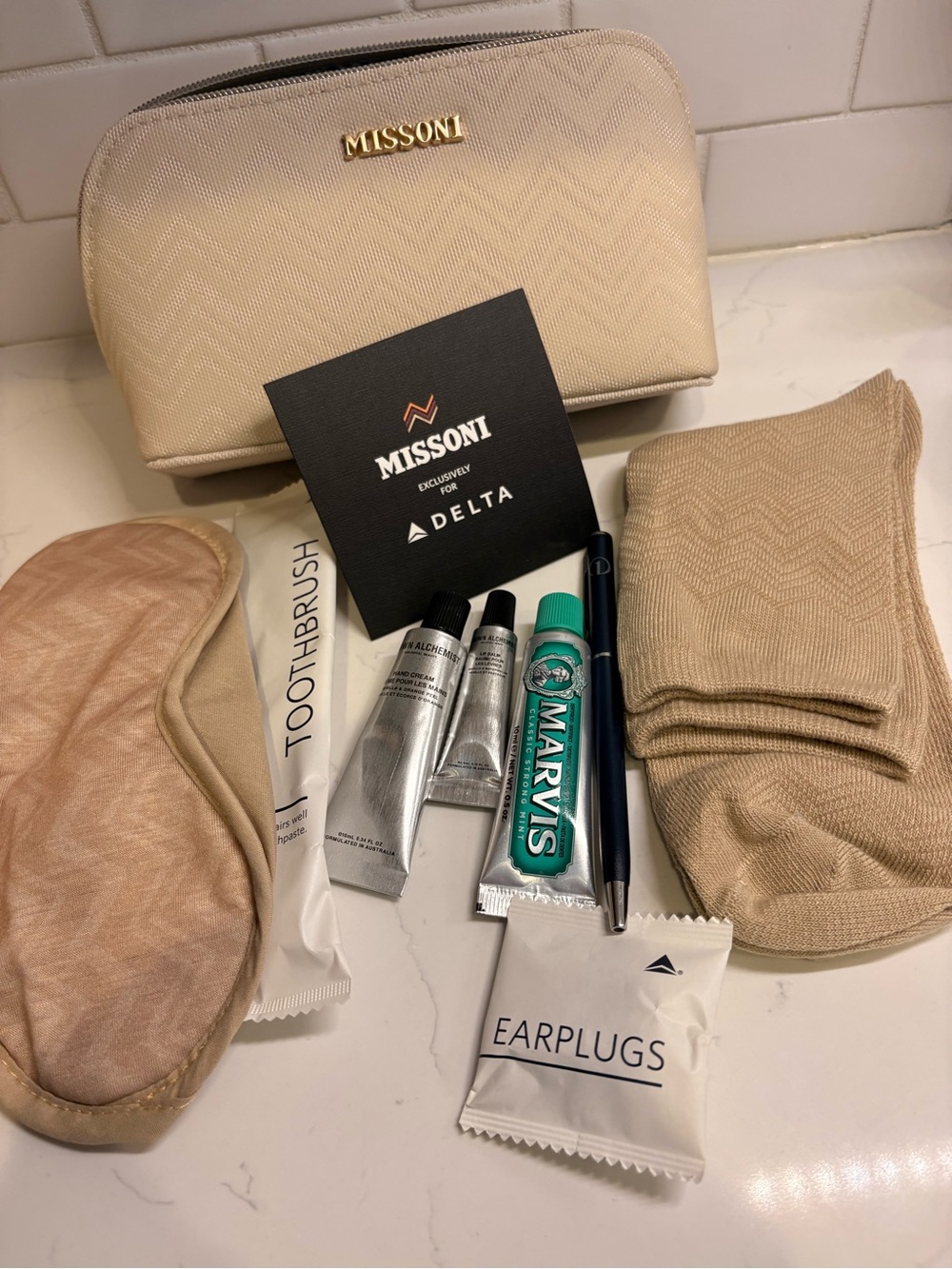 Missoni Beige Travel Amenity Kit with Eye Mask & Socks - For DELTA Air